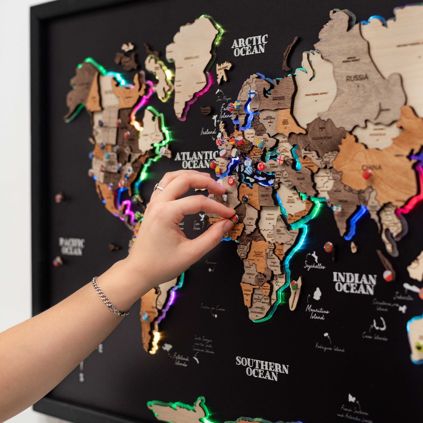 Elegant black panel wooden map with LED – modern décor for offices and receptions