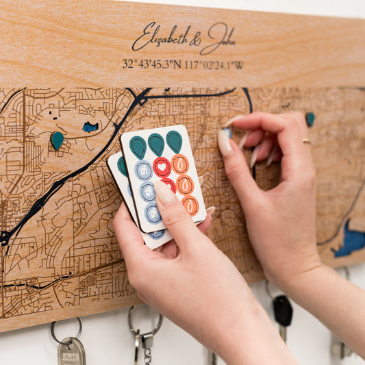 Wooden special marks set – home, love, and travel pins for decorating wooden world maps