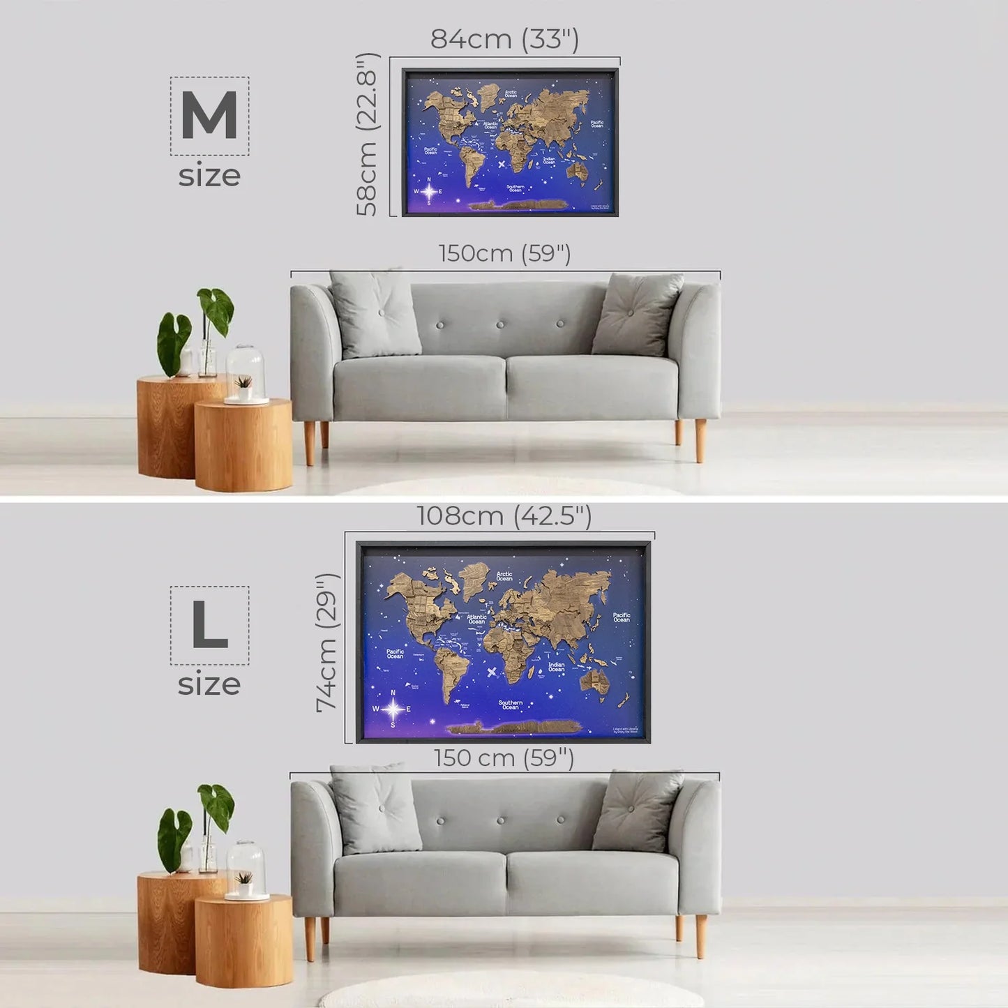 3D Wooden World Map on Panel - Dark Walnut Space