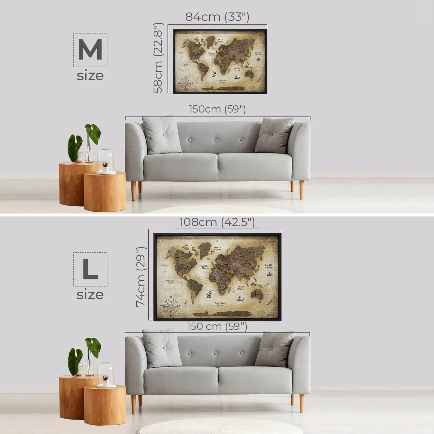 3D Wooden World Map on Panel - Dark Walnut Vintage