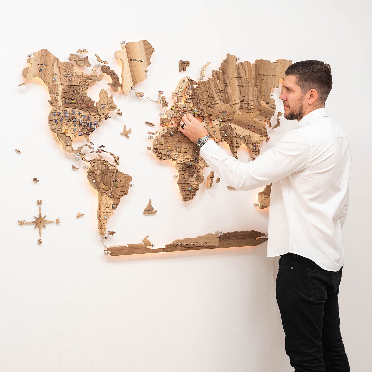 3D solid walnut wooden world map with LED – premium handcrafted wall décor