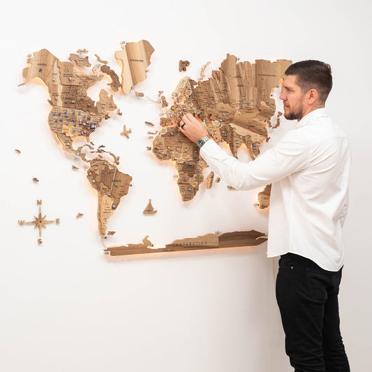 3D solid walnut wooden world map with LED – premium handcrafted wall décor