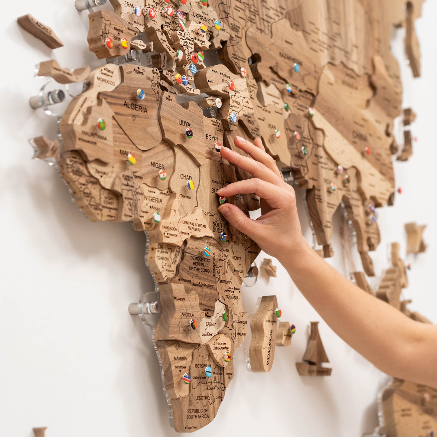 Walnut solid wood 3D world map – illuminated wall art for modern interiors