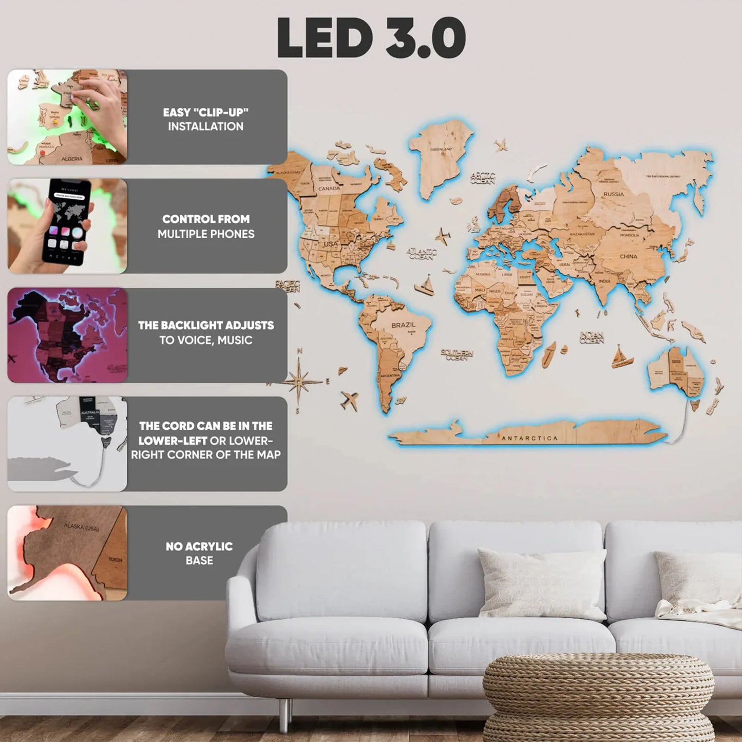 3D Wooden World Map LED - Light