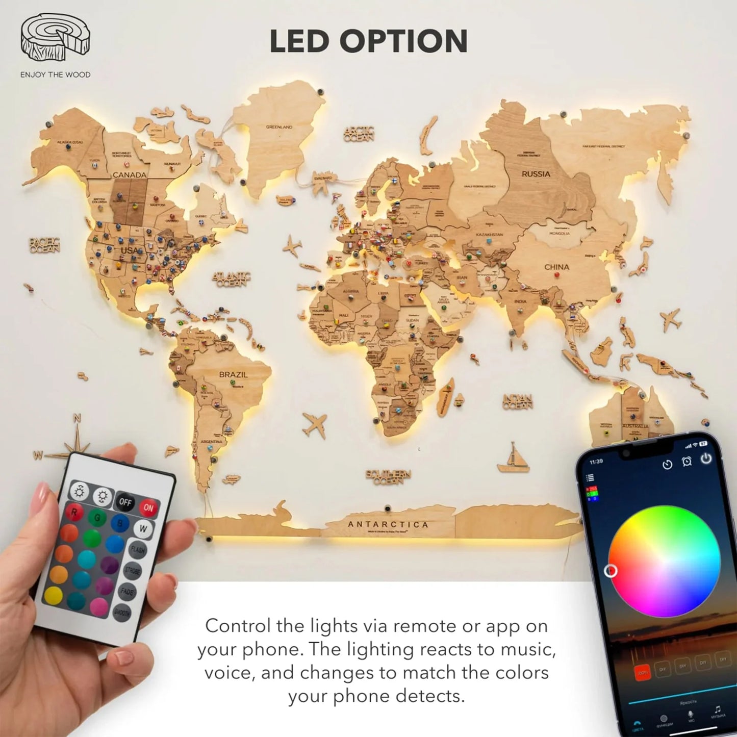 3D Wooden World Map LED - Light