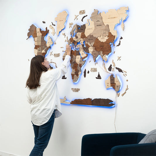 3D LED Wooden World Map Multicolor - Vibrant illuminated decor for professional spaces.