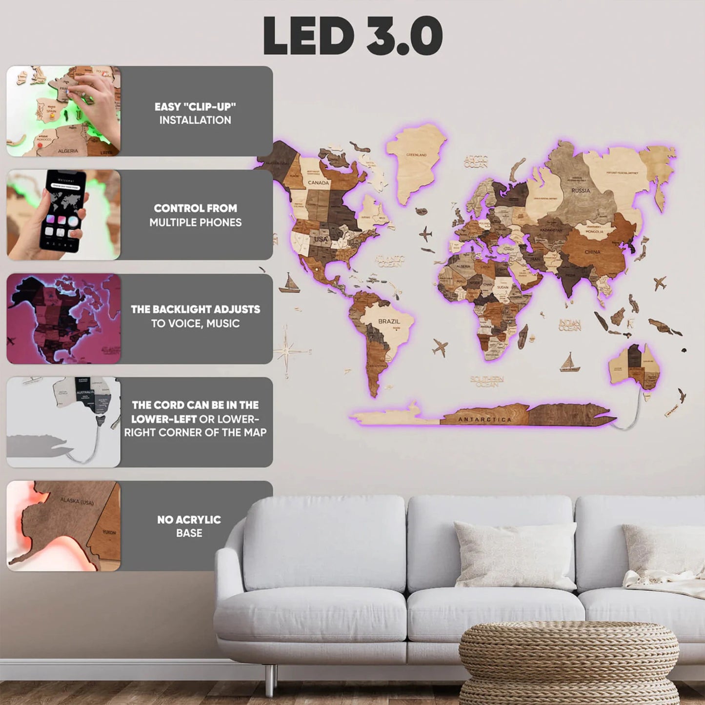 3D Wooden World Map LED - Nordik