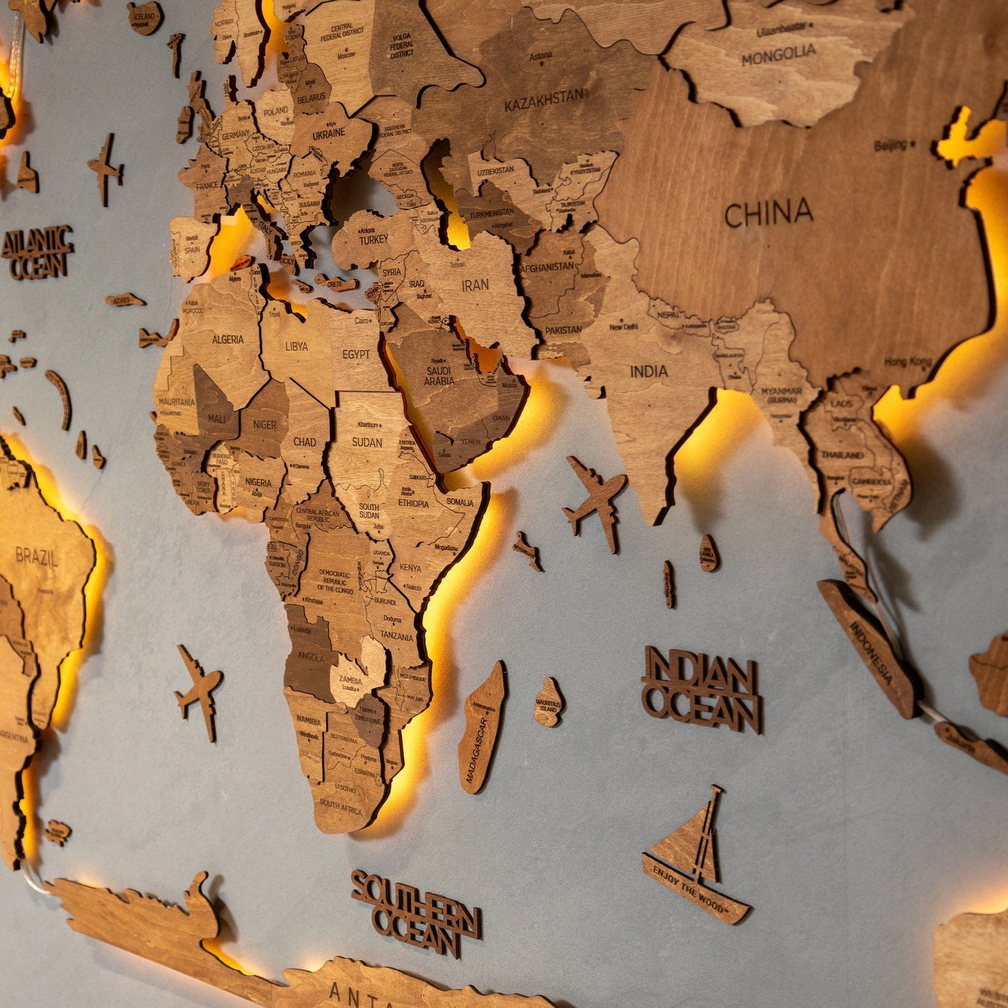 3D Wooden World Map LED - Oak | Elegant Illuminated Wall Décor – Decor Souq
