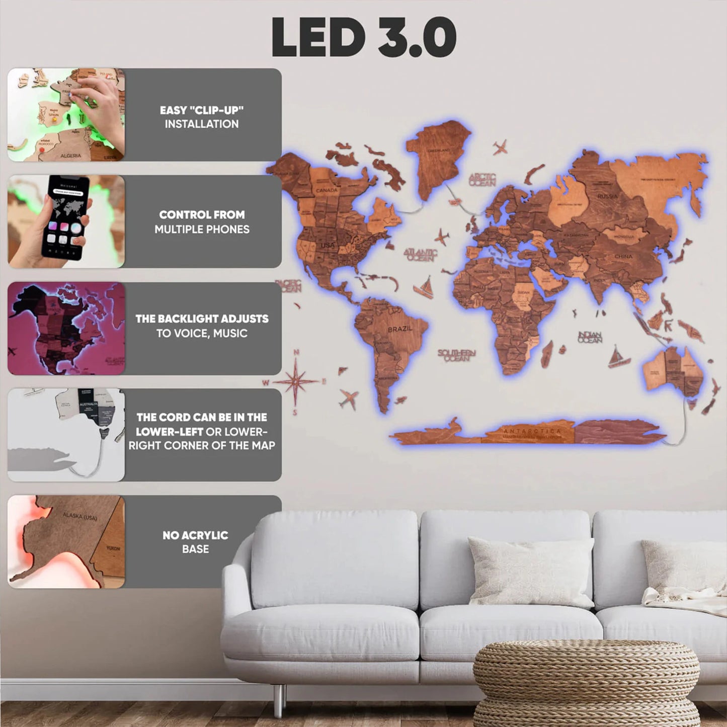 3D Wooden World Map LED - Oak