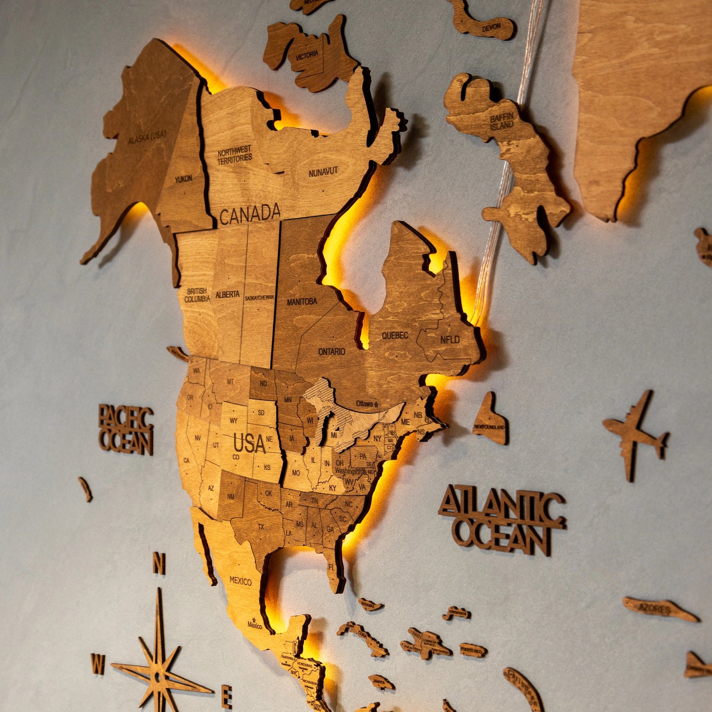 3D Wooden World Map LED - Oak