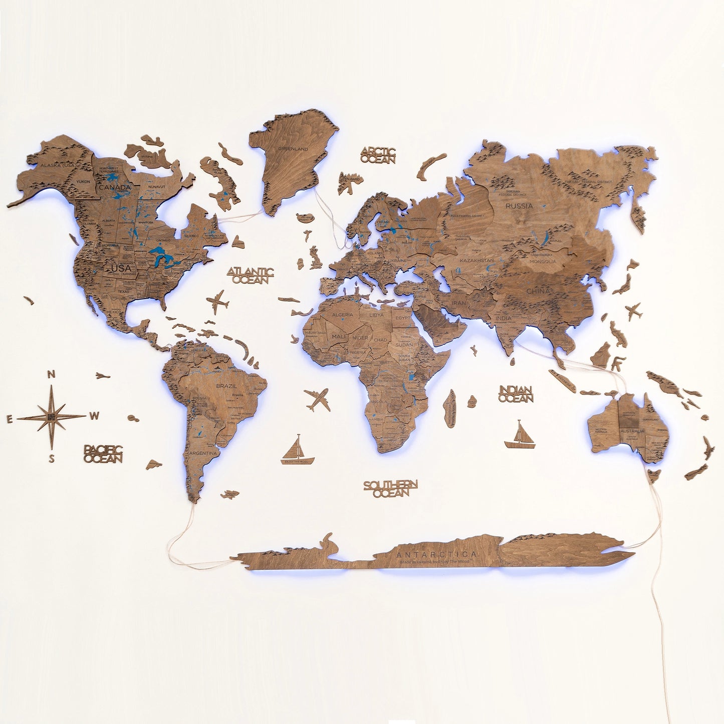 3D Wooden World Map LED - Terra Prime+