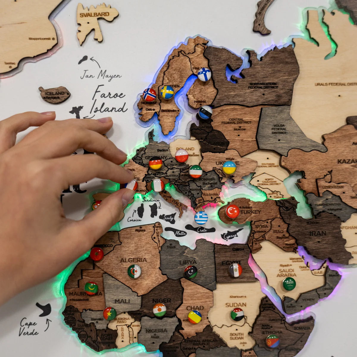 3D Wooden LED World Map – Multicolor on White Frame