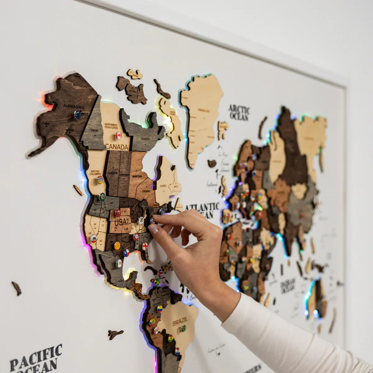 3D Wooden LED World Map – Multicolor on White Frame