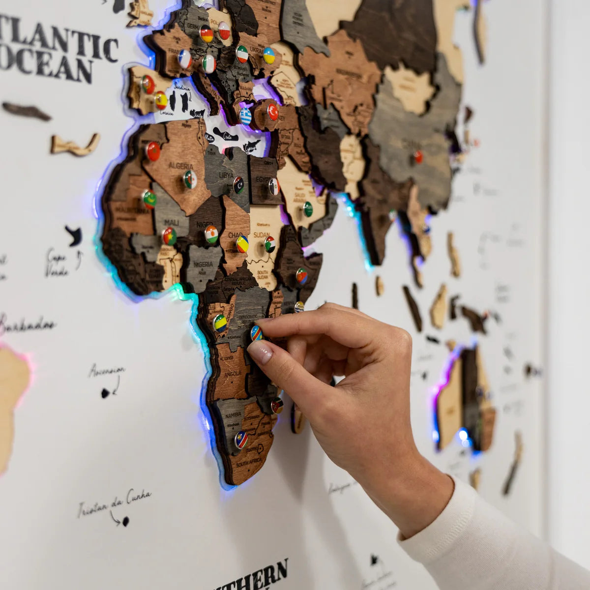 3D Wooden LED World Map – Multicolor on White Frame