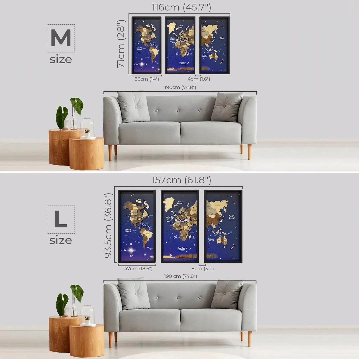 Wooden World Map on Triptych Panels - Multicolor Space