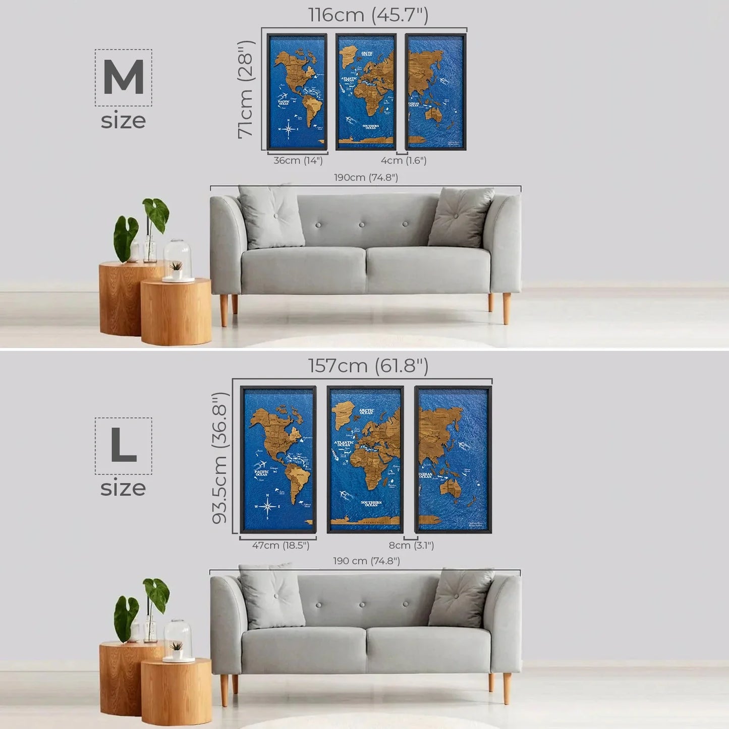Wooden World Map on Triptych Panels - Oak Ocean