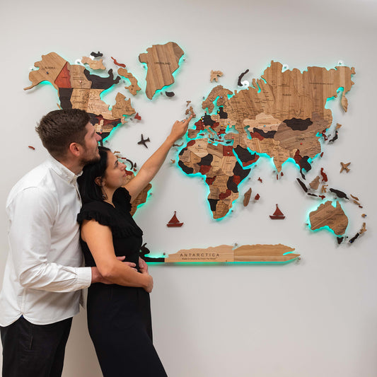 3D Solid Wooden World Map LED - Multicolor