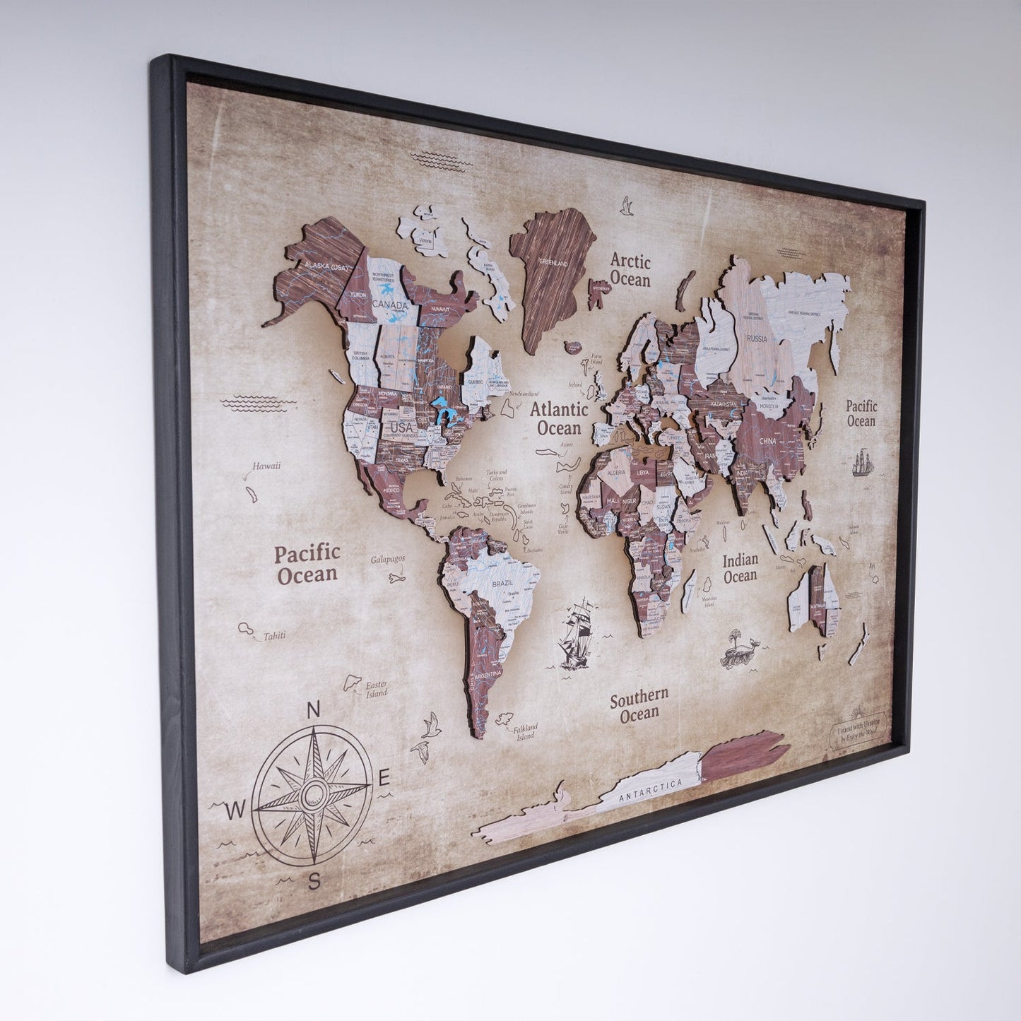 3D Wooden World Map on Panel - Cappuccino Vintage