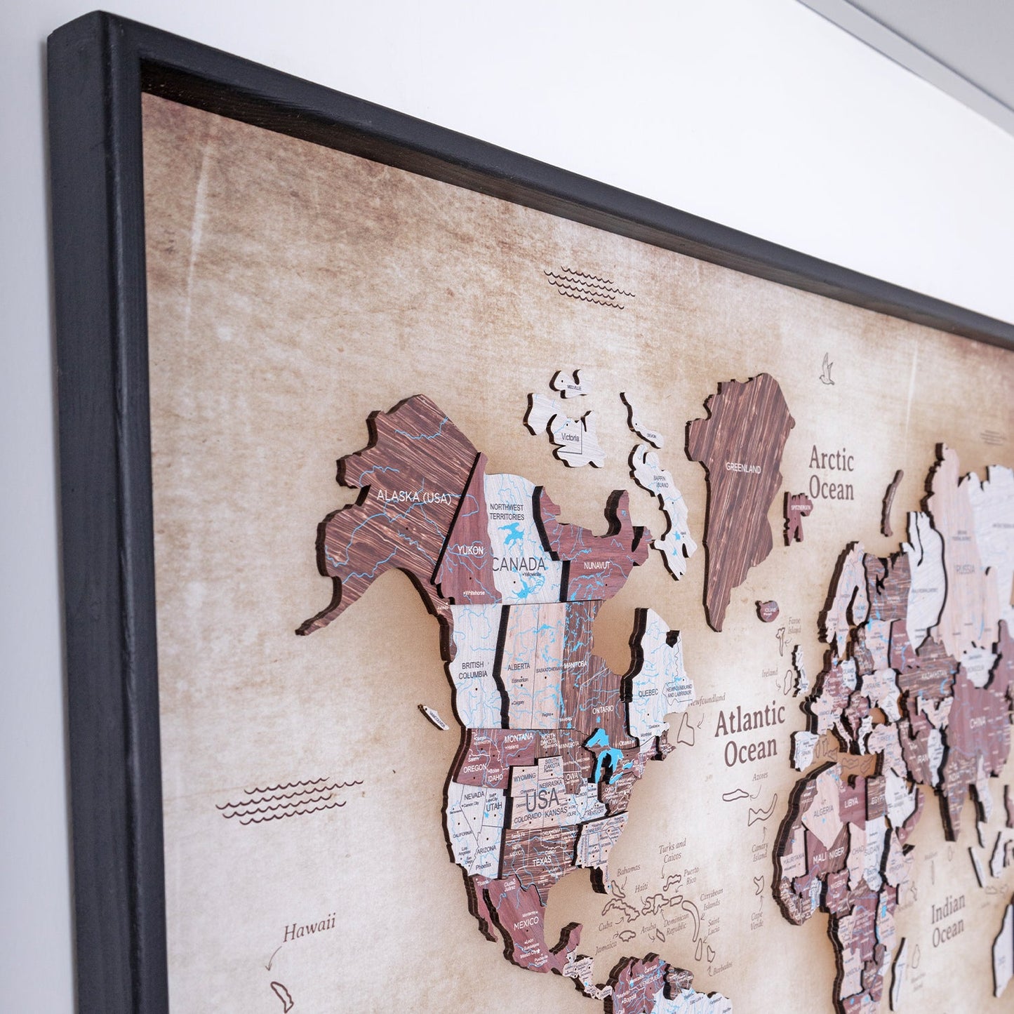 3D Wooden World Map on Panel - Cappuccino Vintage