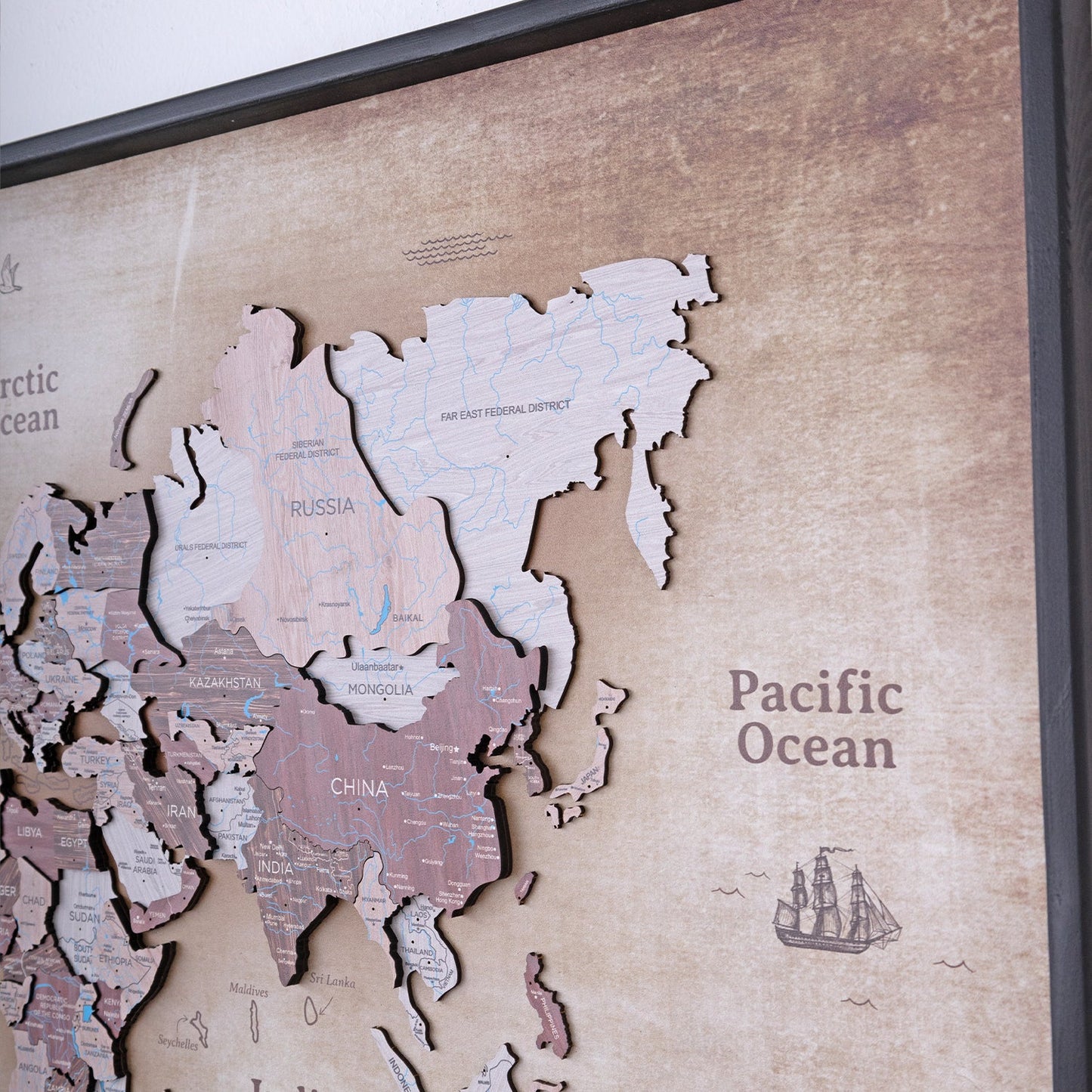 3D Wooden World Map on Panel - Cappuccino Vintage