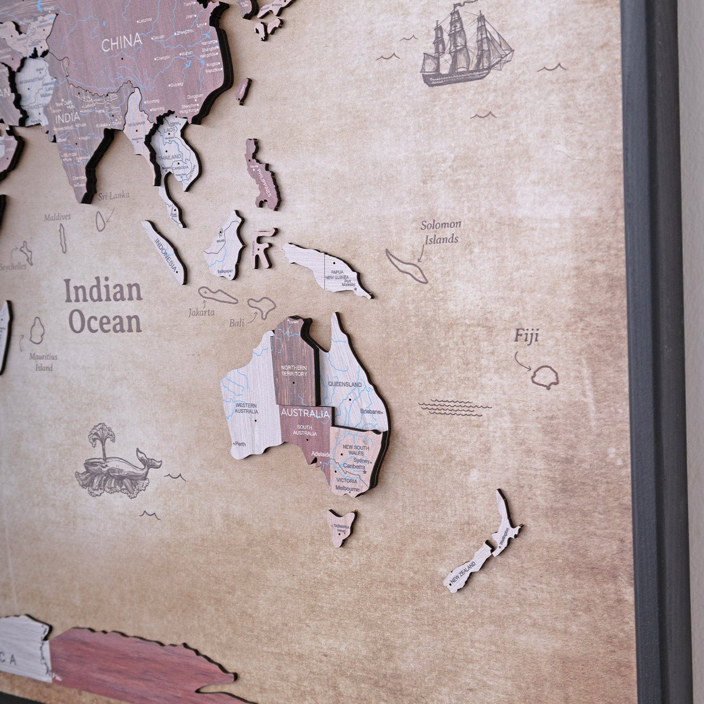 3D Wooden World Map on Panel - Cappuccino Vintage