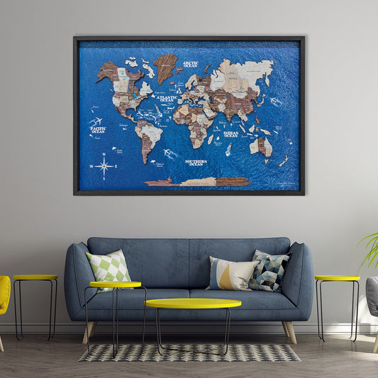 3D Wooden World Map on Panel - Cappuccino Ocean