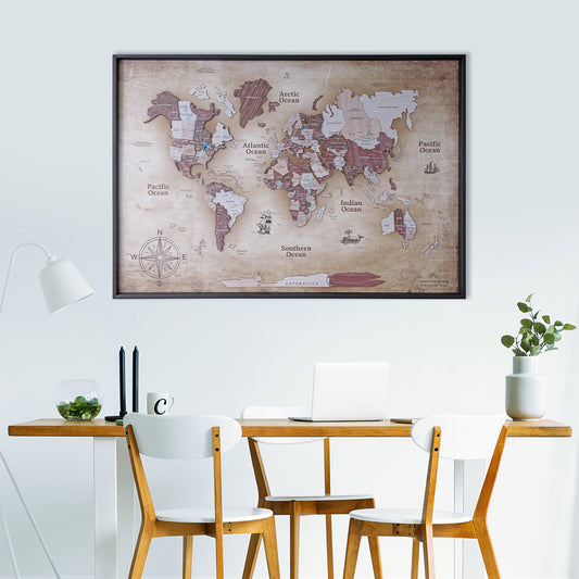 3D Wooden World Map on Panel - Cappuccino Vintage