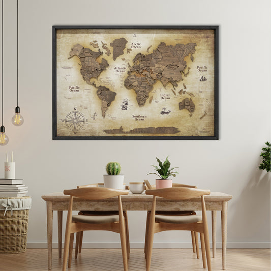 3D Wooden World Map on Panel - Dark Walnut Vintage