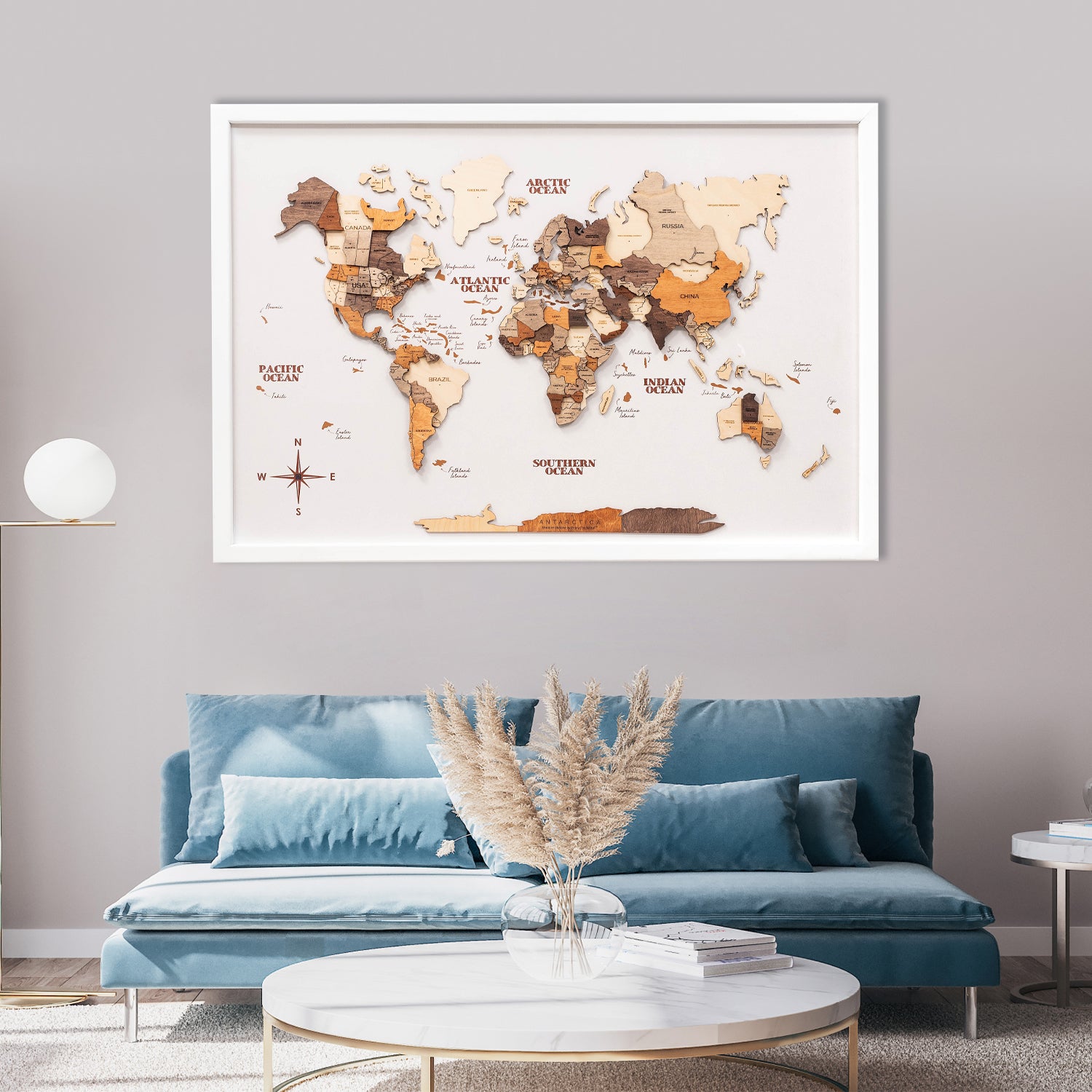 3D wooden panel world map in multicolor white – premium handcrafted décor for homes
