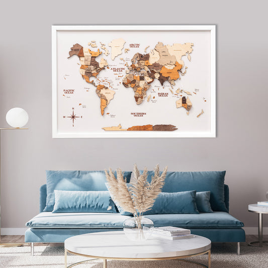 3D wooden panel world map in multicolor white – premium handcrafted décor for homes