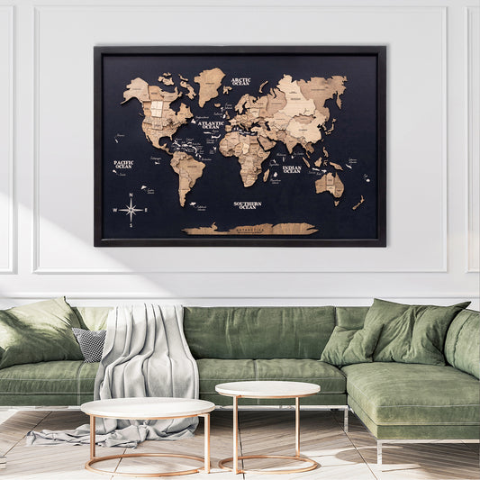 3D wooden panel world map in terra black – premium handcrafted décor for UAE homes