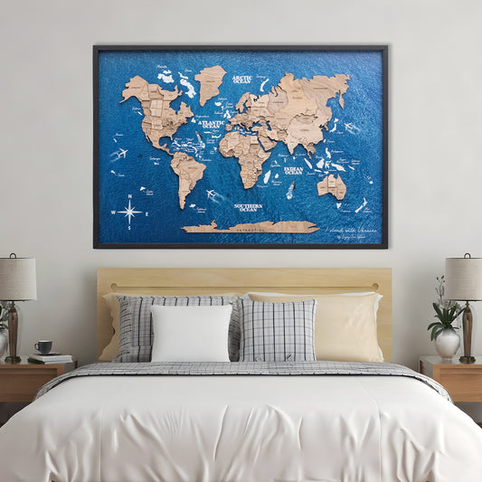 3D Wooden World Map on Panel - Terra Ocean