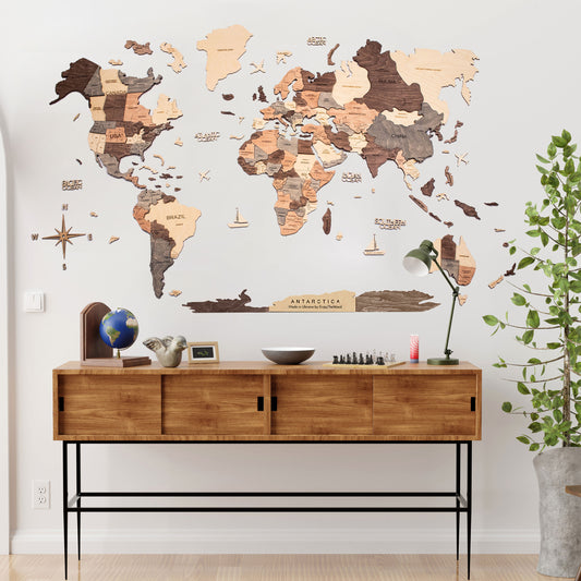 3D Wooden World Map - Smokey