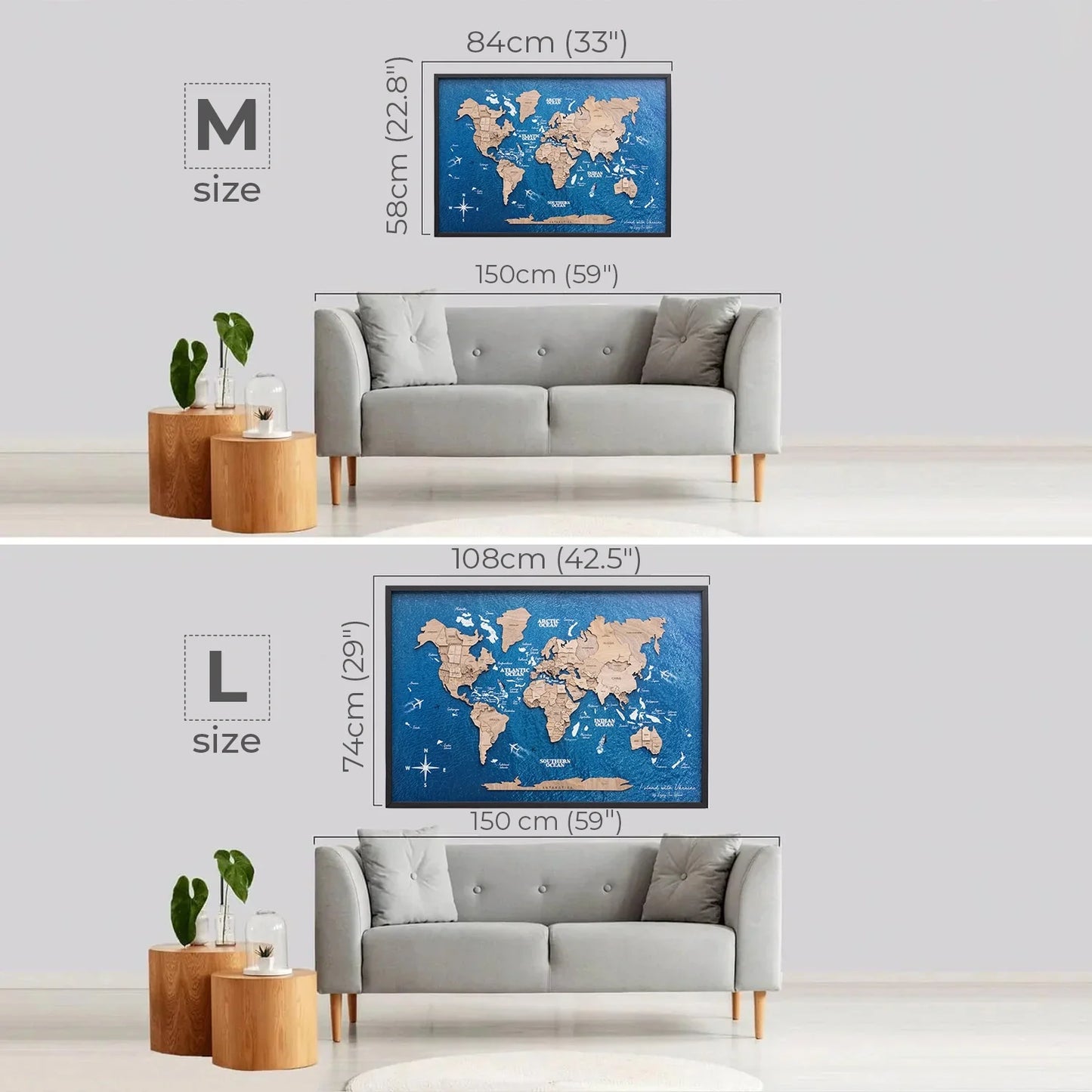 3D Wooden World Map on Panel - Terra Ocean