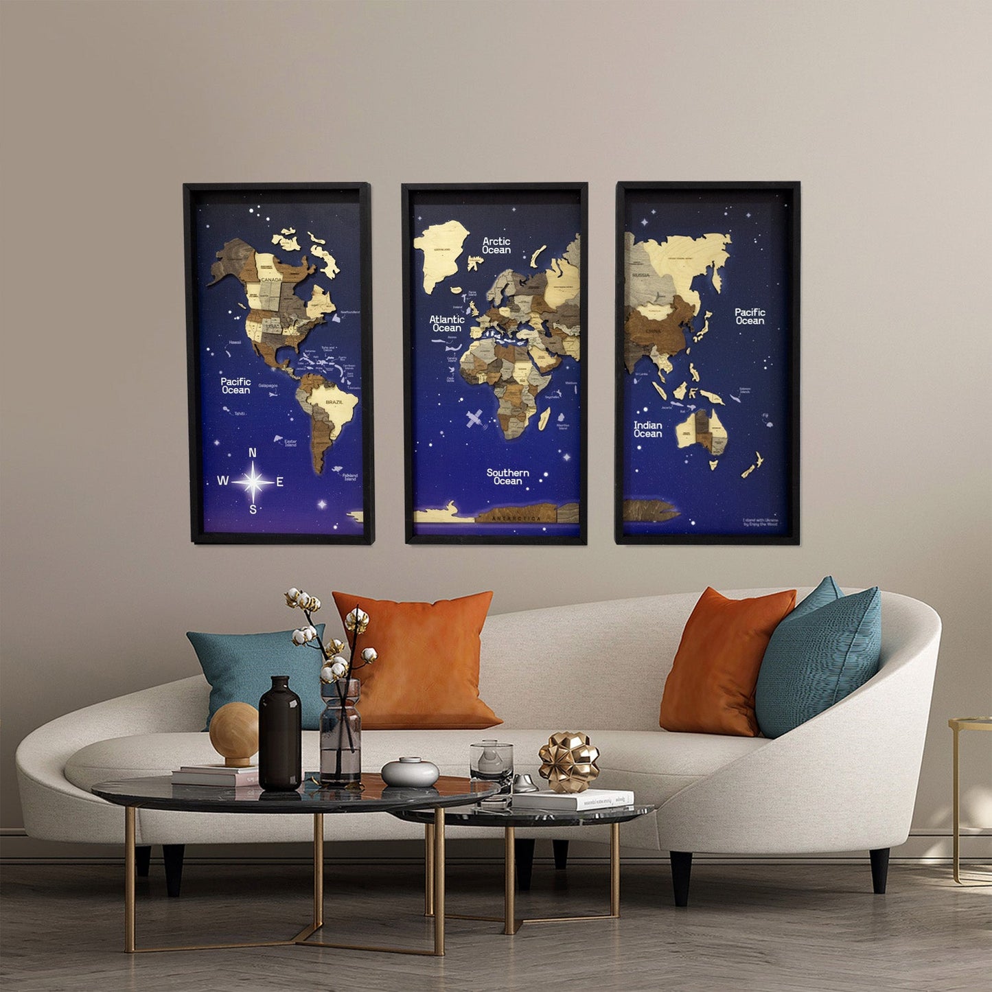 Wooden World Map on Triptych Panels - Multicolor Space