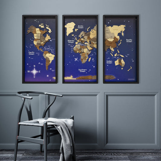 Wooden World Map on Triptych Panels - Multicolor Space