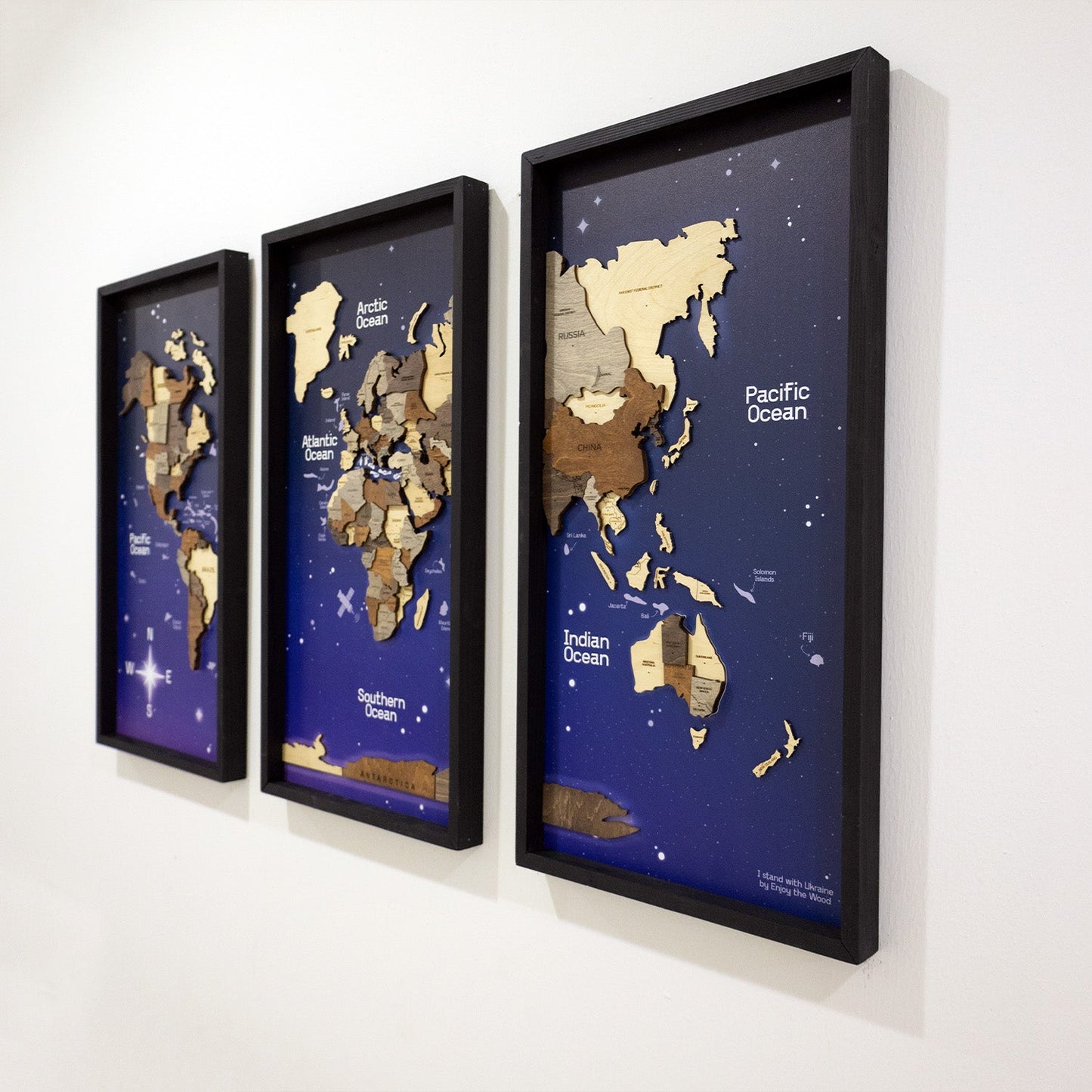 Wooden World Map on Triptych Panels - Multicolor Space