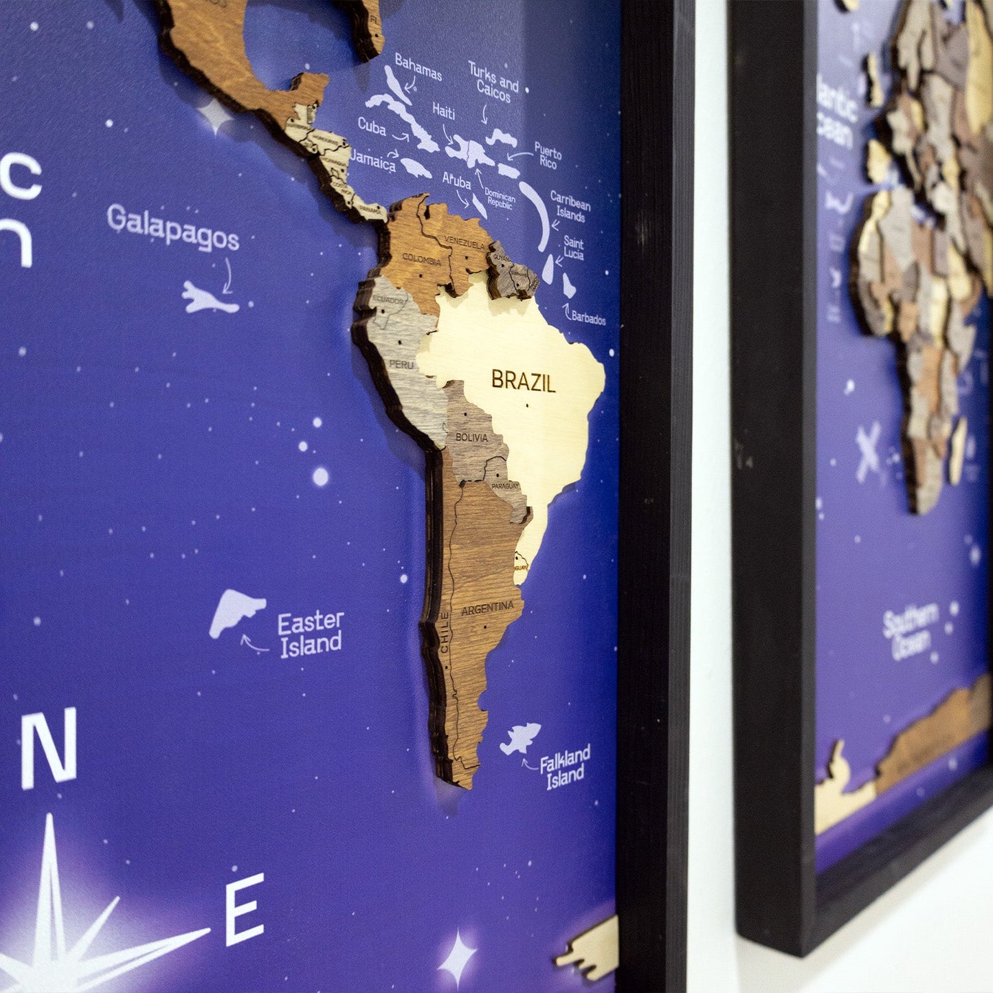 Wooden World Map on Triptych Panels - Multicolor Space