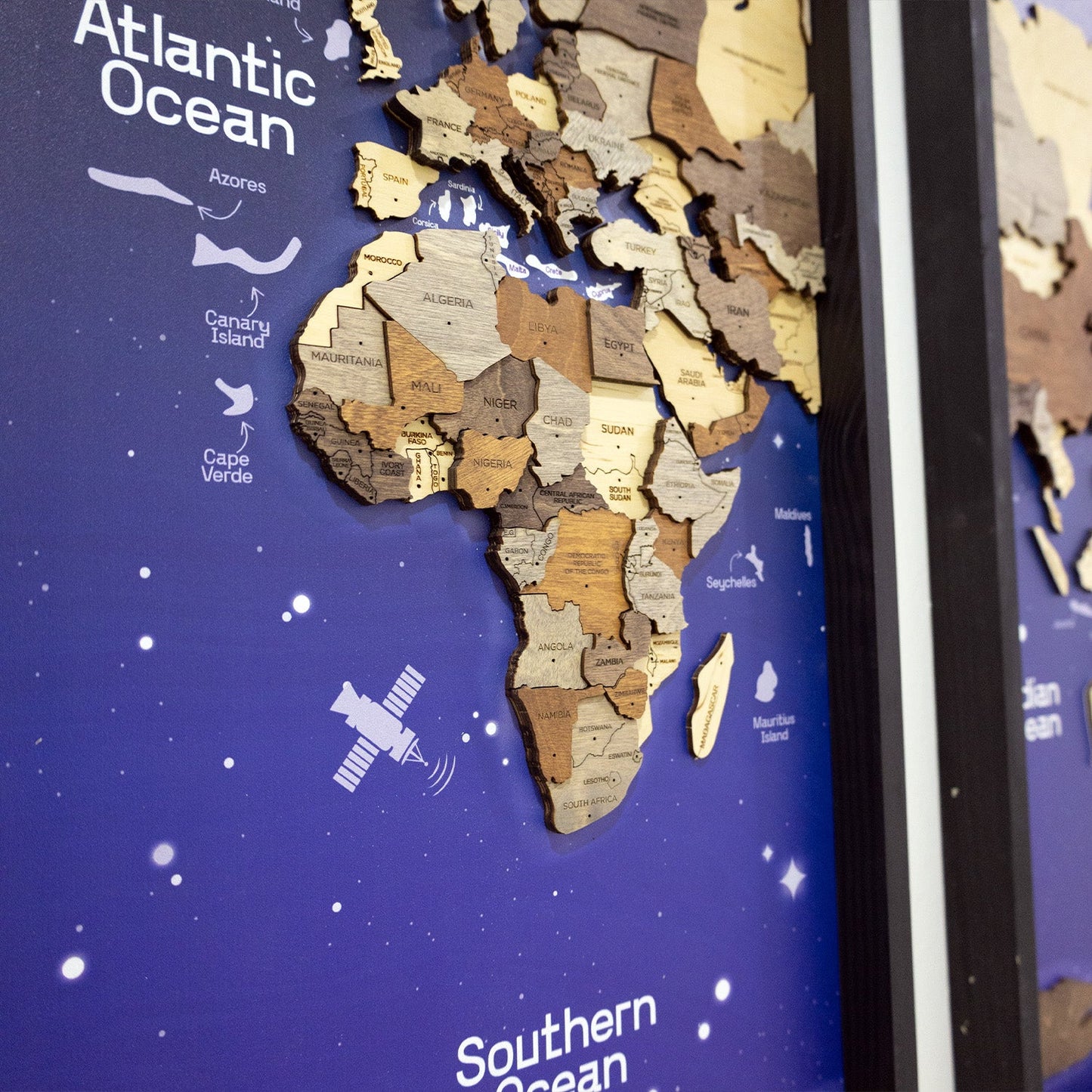 Wooden World Map on Triptych Panels - Multicolor Space