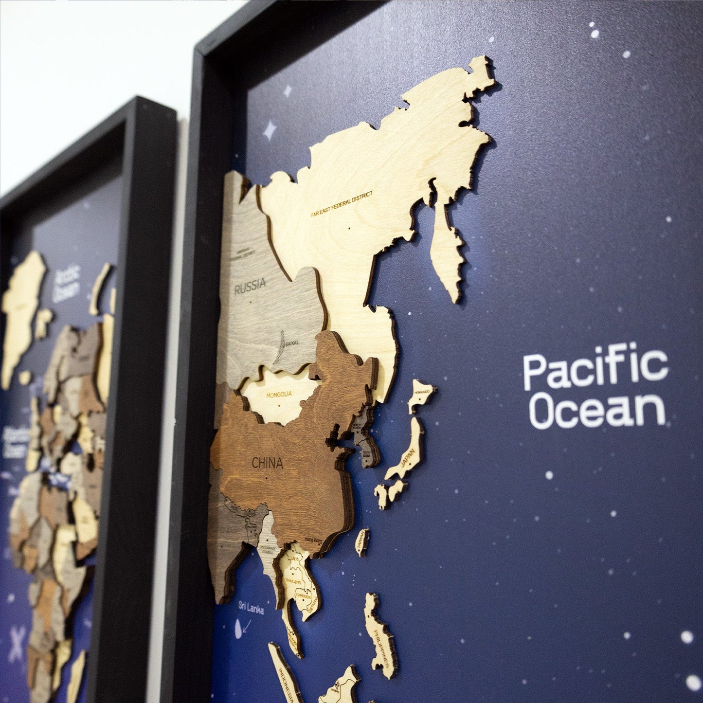 Wooden World Map on Triptych Panels - Multicolor Space