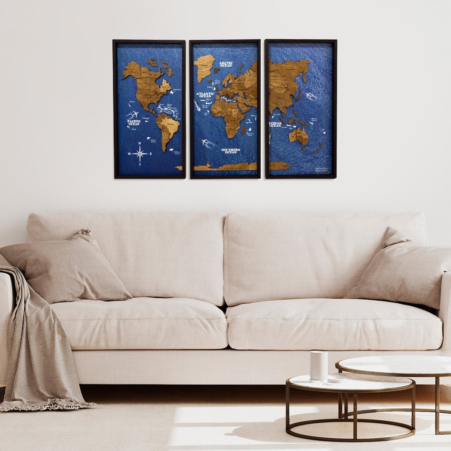 Wooden World Map on Triptych Panels - Oak Ocean