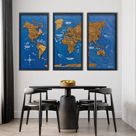 Wooden World Map on Triptych Panels - Oak Ocean