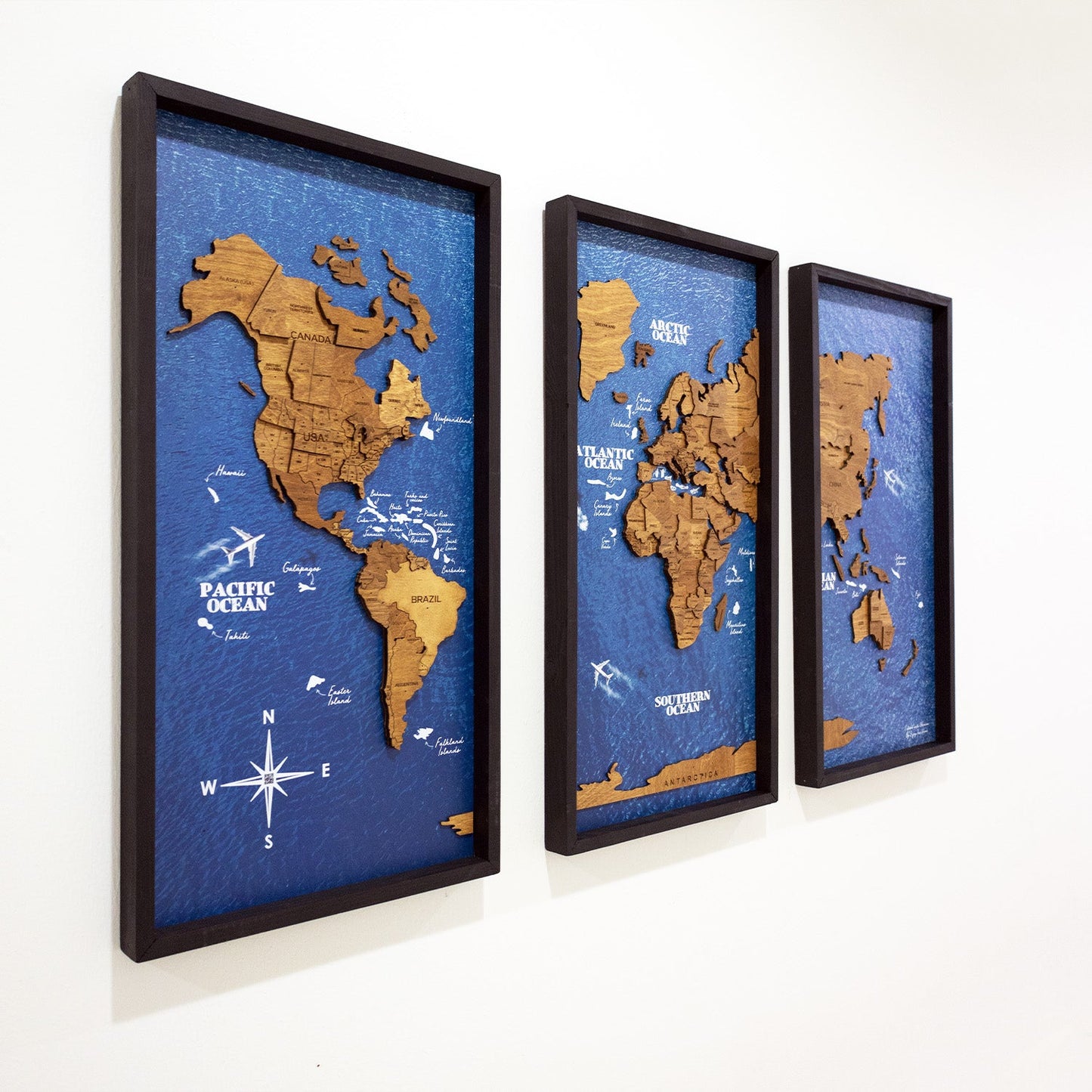 Wooden World Map on Triptych Panels - Oak Ocean