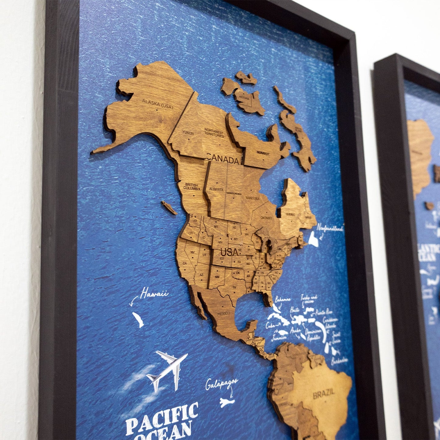 Wooden World Map on Triptych Panels - Oak Ocean