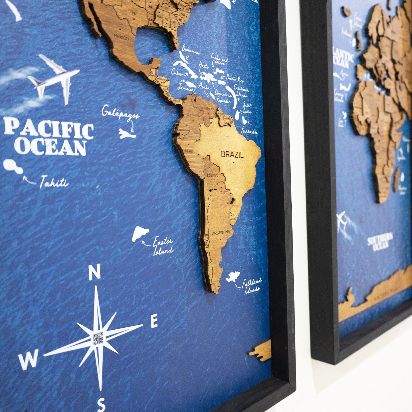 Wooden World Map on Triptych Panels - Oak Ocean