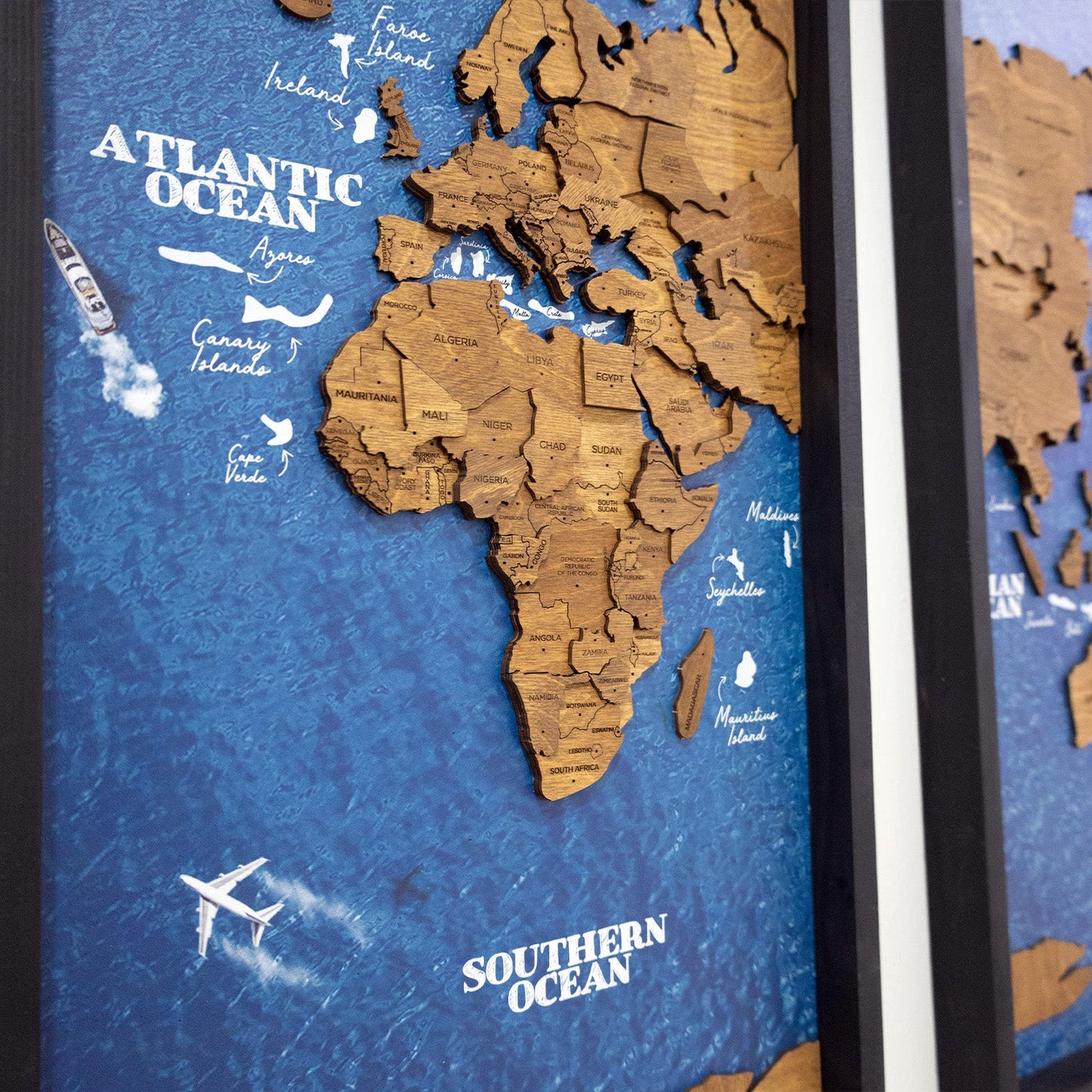 Wooden World Map on Triptych Panels - Oak Ocean
