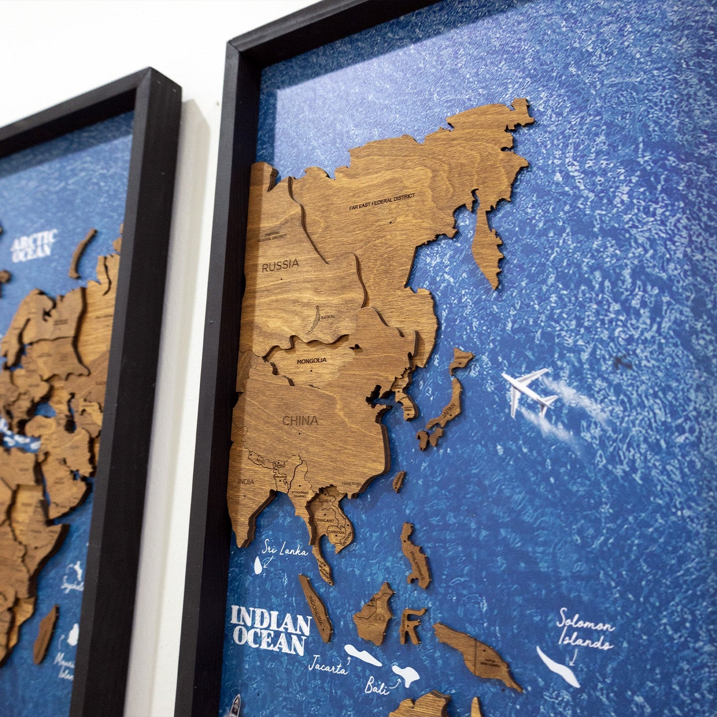 Wooden World Map on Triptych Panels - Oak Ocean