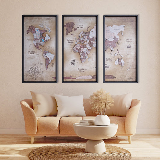 Wooden World Map on Triptych Panels - Cappuccino Vintage