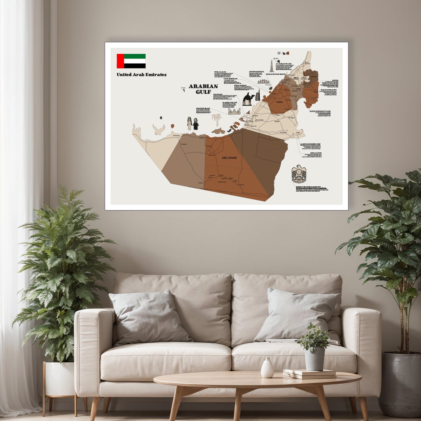 UAE wooden map in multicolor on white panel – handcrafted décor for home or office