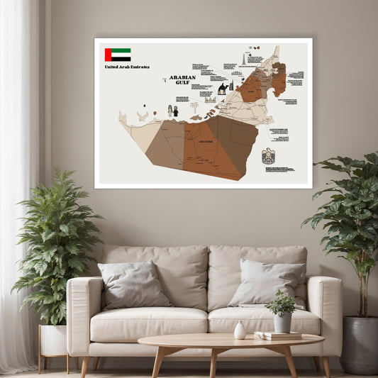 UAE wooden map in multicolor on white panel – handcrafted décor for home or office